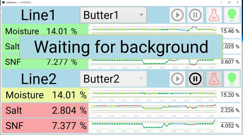 Bildschirmfoto von InSightView für InSight Pro Inline-Analyse. Verschiedene Parameter. Warten auf Hintergrund.